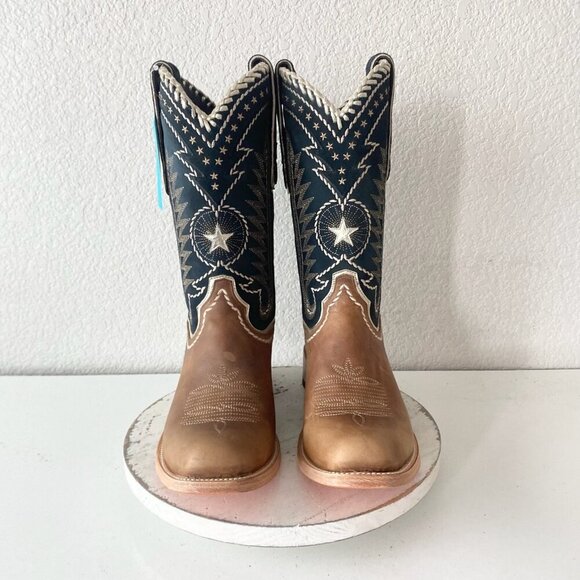 Lane RODEO HOUSTON Mens Cowboy Boots 12.5B Brown Navy Leather Western Blunt Toe - Picture 5 of 11